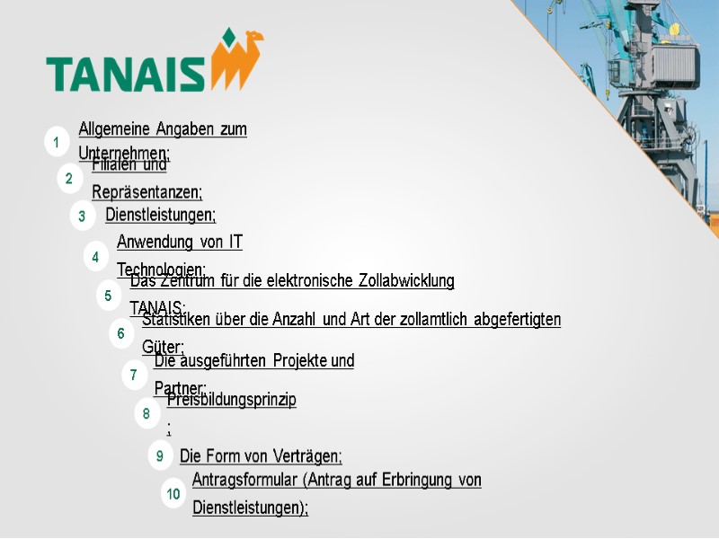 Allgemeine Angaben zum Unternehmen; Filialen und Repräsentanzen; Dienstleistungen; 1 2 3 4 Anwendung von